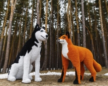 Топиари композиция собака хаски Бреста и лисичка Красотка - газон Eco