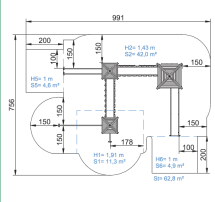 Детский деревянный городок с тремя башнями и горкой из нержавейки